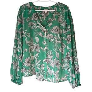 a.n.d e a w y Sheer Green Floral Long Sleeve Blouse Size Large